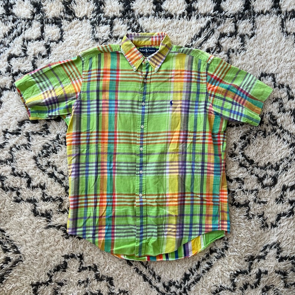 Ralph Lauren Men Madras Plaid Pastel Multi Color Shirt Fit Size L Classic Fit